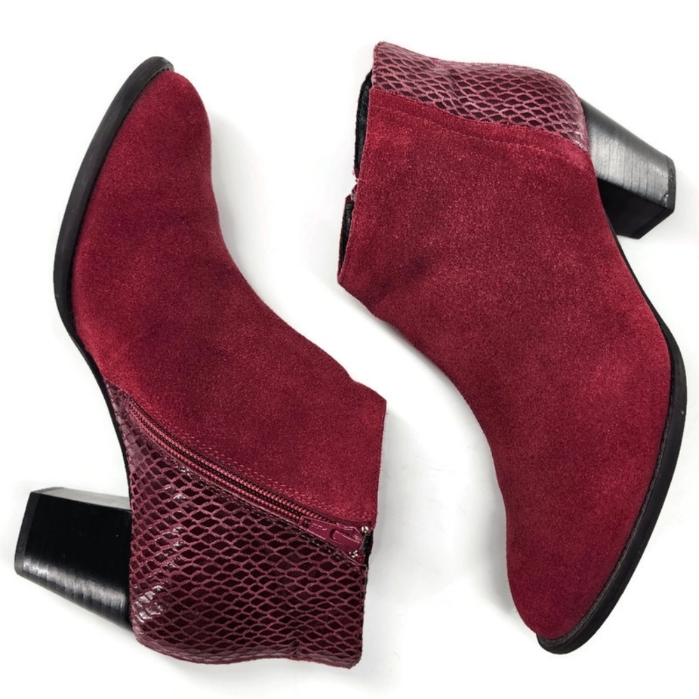 Vionic Bromley Cabernet Red Suede & Textured Snake Print Block Heel Ankle Boots - Picture 7 of 13